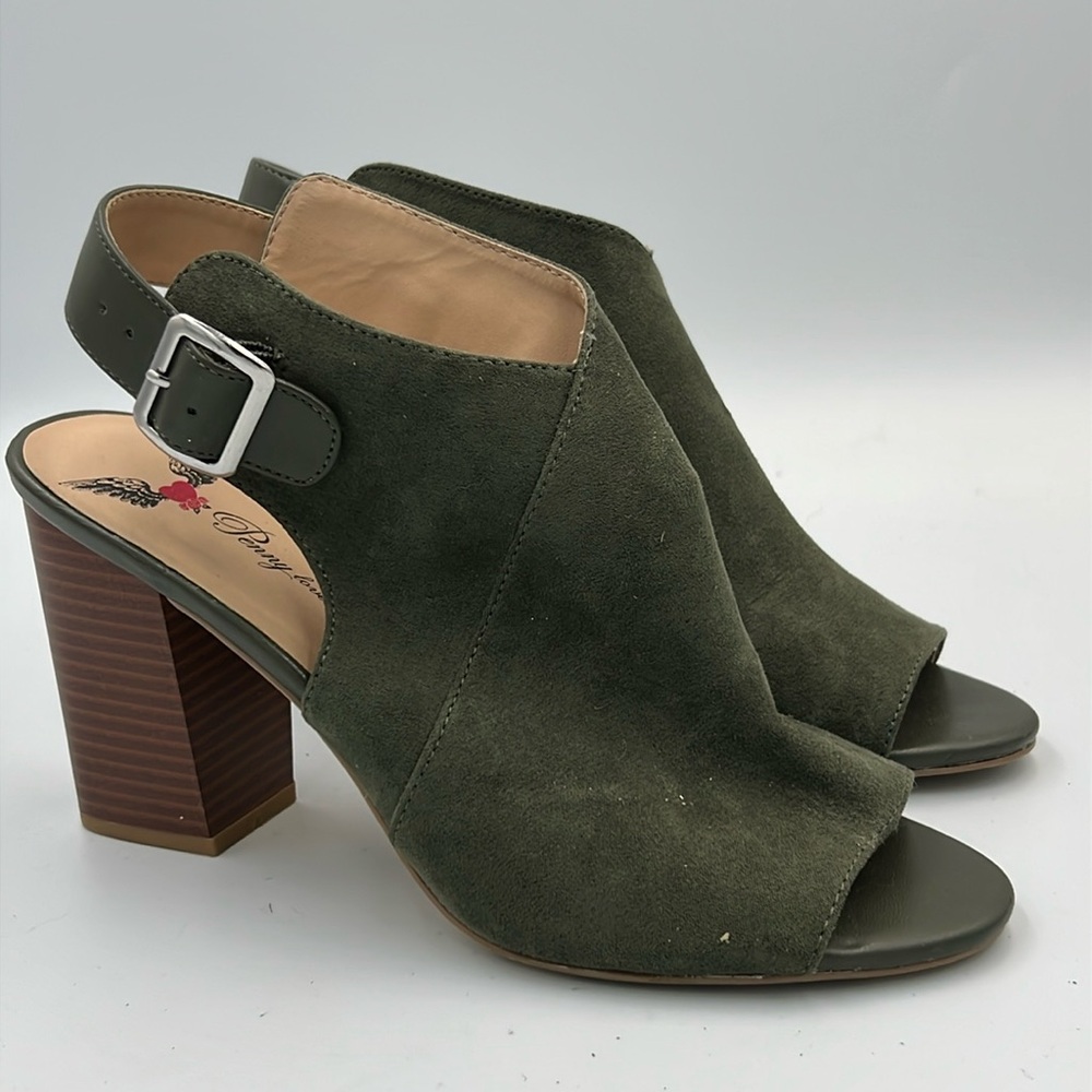 Cottagecore Penny loves Kenny army green chunky open toe buckle strap heels